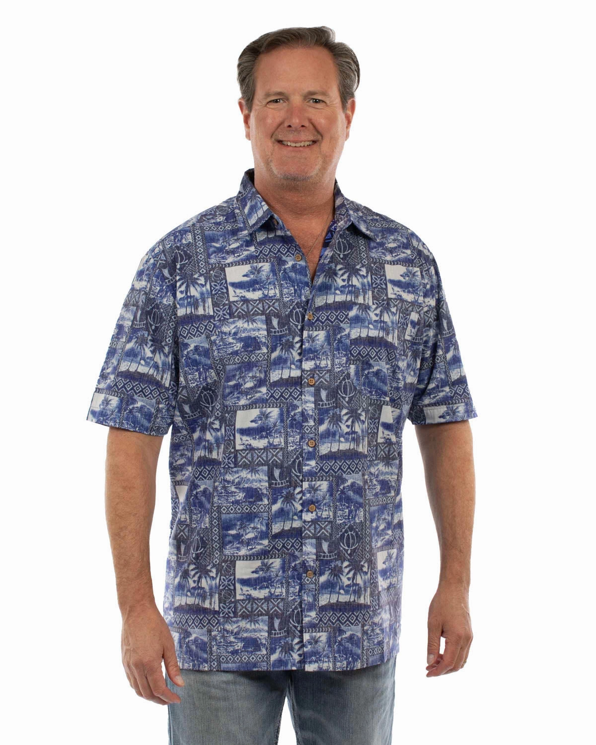 Scully Mens Hawaiian Scenery Blue 100% Cotton S/S Shirt Moisture Management Tech Smooth Finish