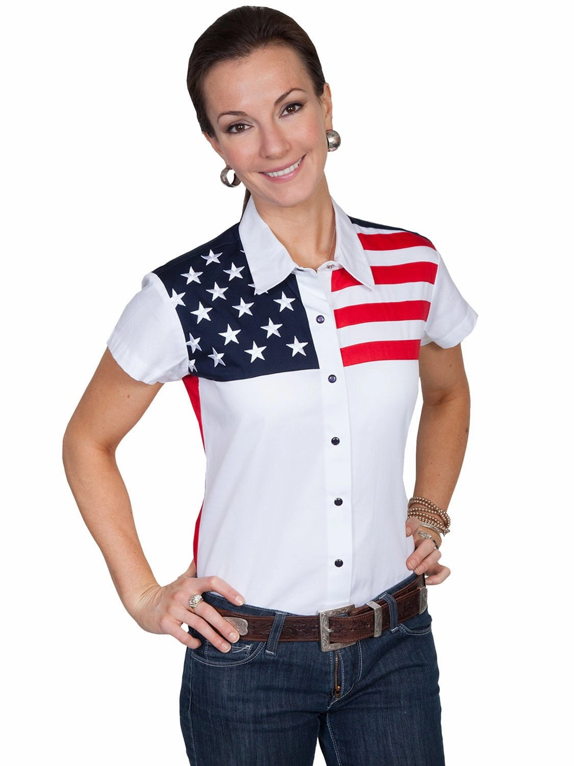 Structured Collar Holiday Style Scully Western Womens White 100% Cotton S/S USA Flag Western Shirt