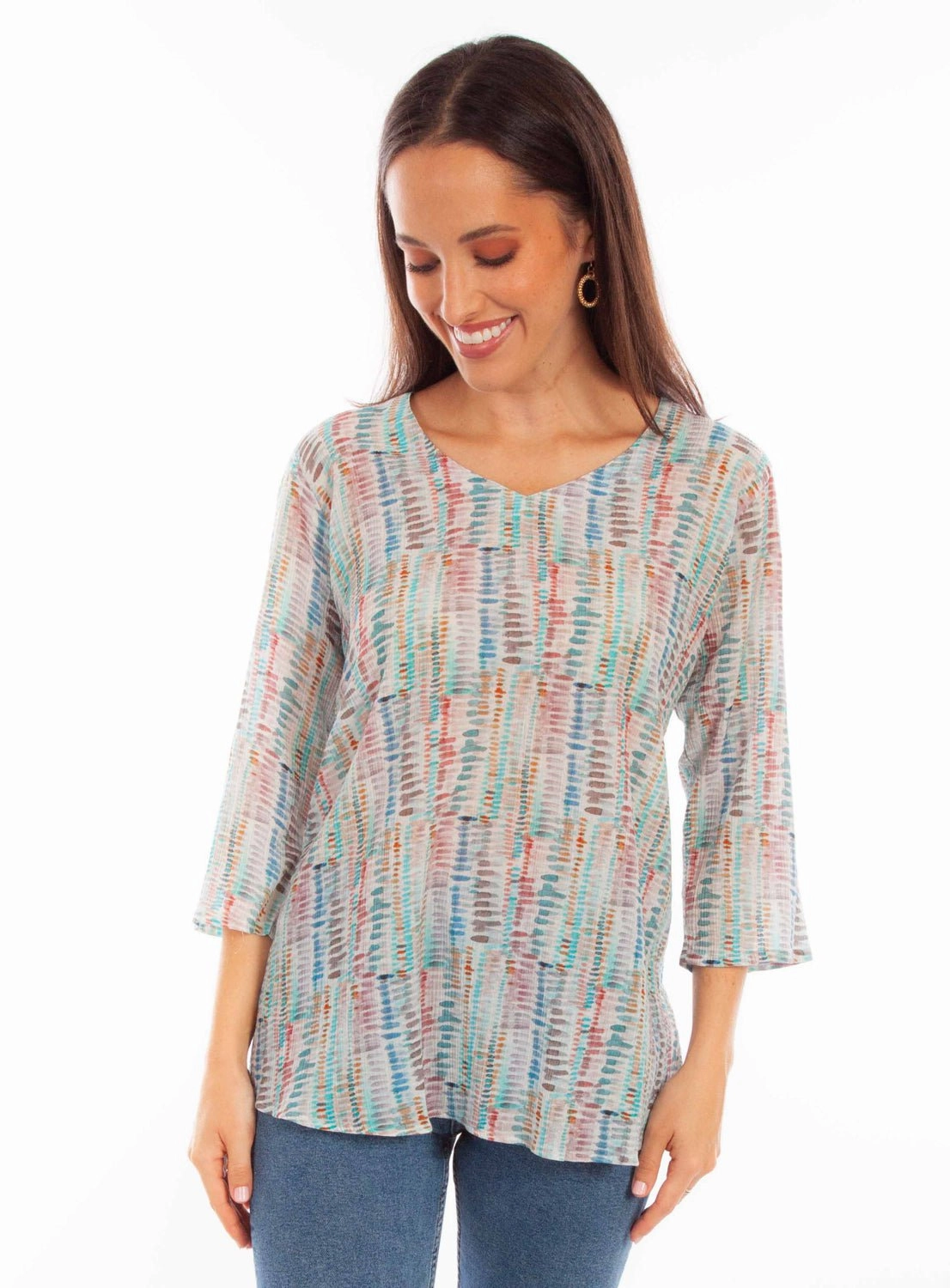 Scully Womens Abstract Striped Aqua Viscose 3/4 Sleeve S/S Tunic Classic Appeal Flexible Shoulder Construction