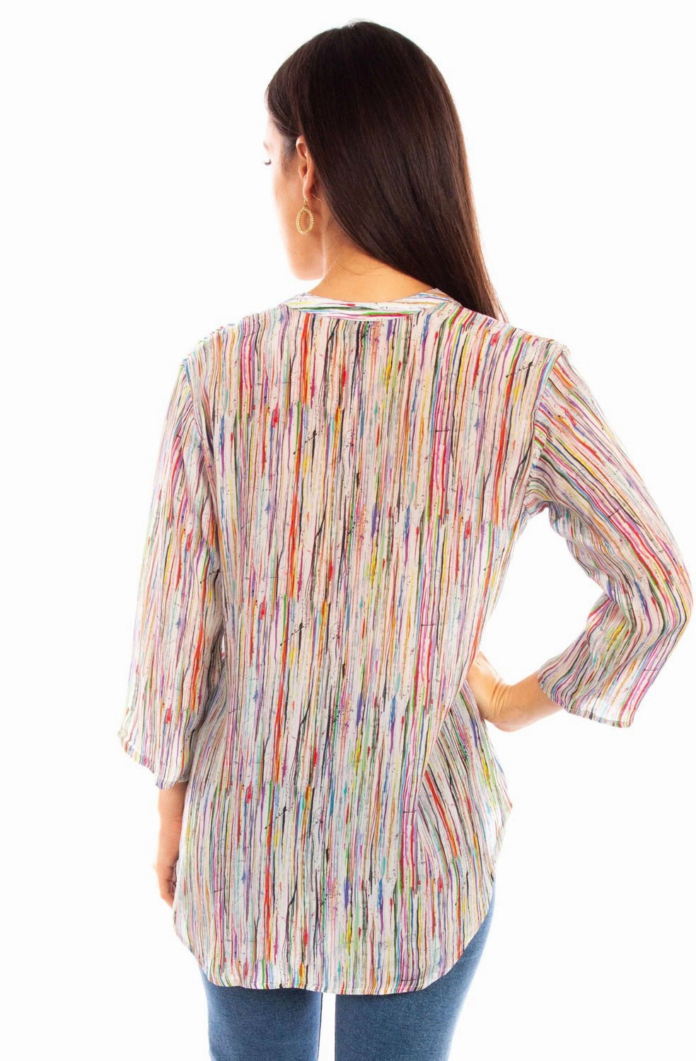 Scully Womens Abstract Striped Multi-Color Viscose 3/4 Sleeve S/S Blouse Functional Design Lace Accent