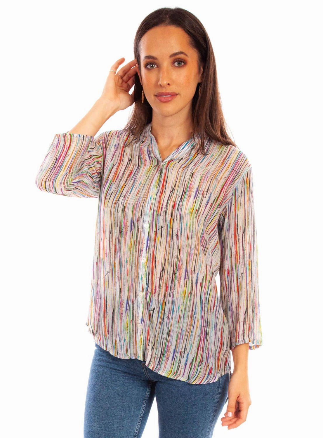 Scully Womens Abstract Striped Multi-Color Viscose 3/4 Sleeve S/S Blouse Urban Fashion