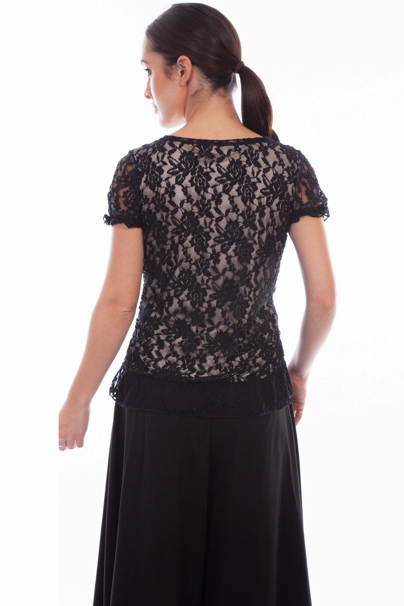 Abrasion resistant Scully Womens Black Polyester Lace Corset S/S Tunic