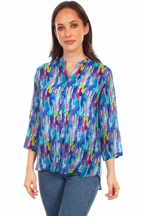 Scully Womens Blue Multi Rayon Dazzling S/S Blouse Polished Finish