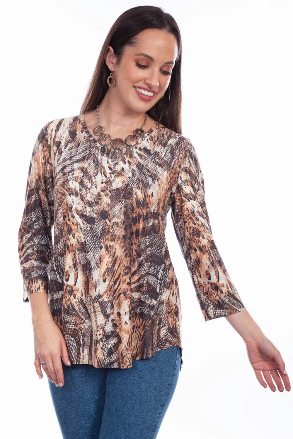 Scully Womens Cheetah Skin Tan Poly/Spandex S/S Blouse Sustainable Material Local Favorite