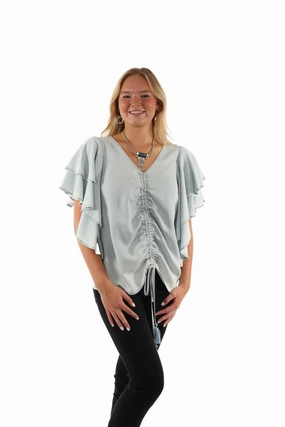 Scully Womens Cinche Front Light Blue Lyocell S/S Tunic Pastel Shade Formal Elegance