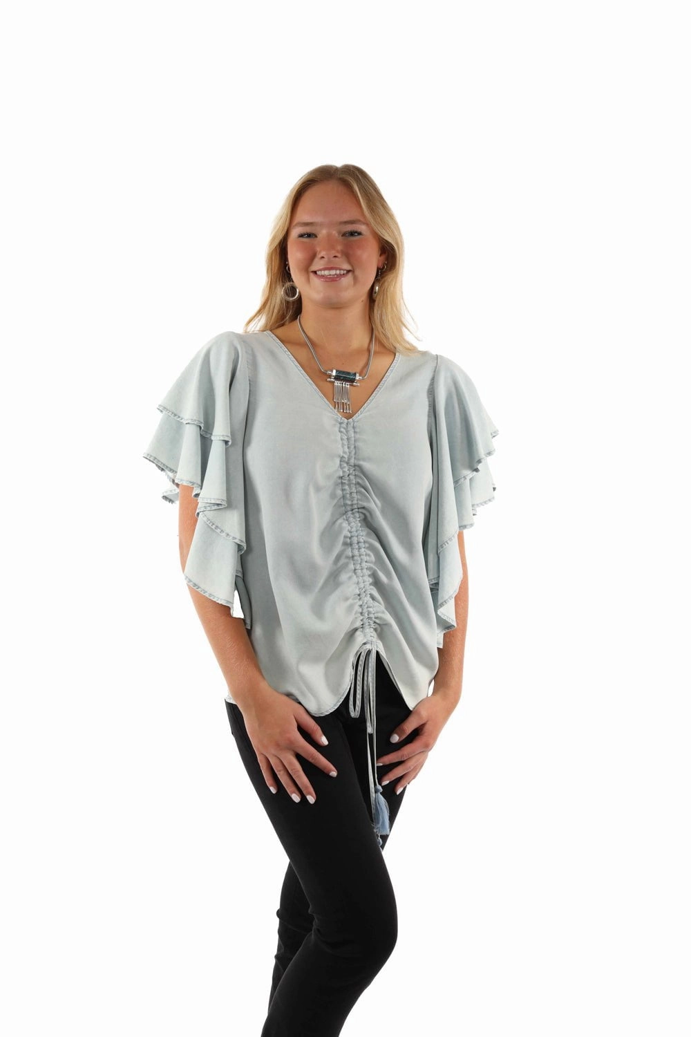 Scully Womens Cinche Front Light Blue Lyocell S/S Tunic Loose Fit Anti Pill Technology