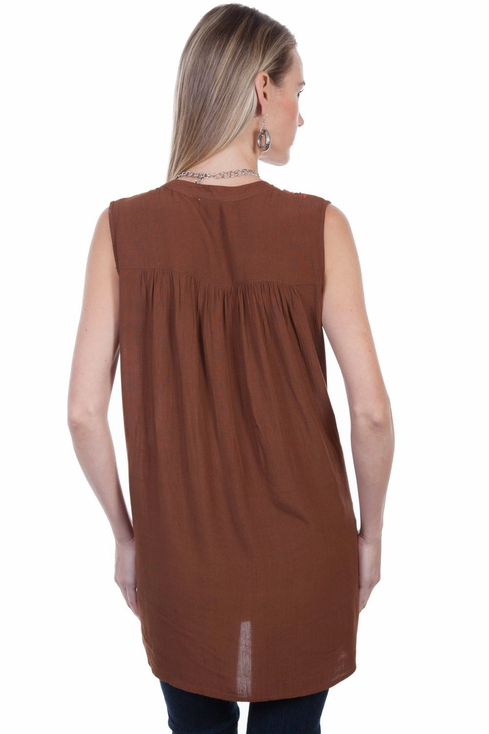 crew neck Scully Womens Cinnamon Viscose Embroidered S/L Tunic