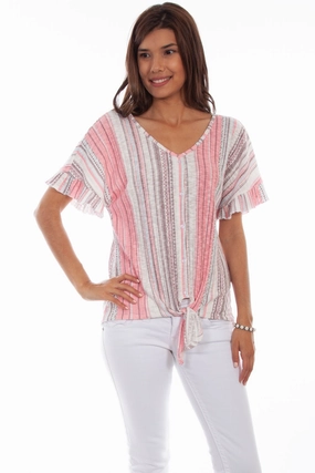 Seamless Side Panels Scully Womens Clay/Coral Cotton Blend Tie Front S/S Blouse