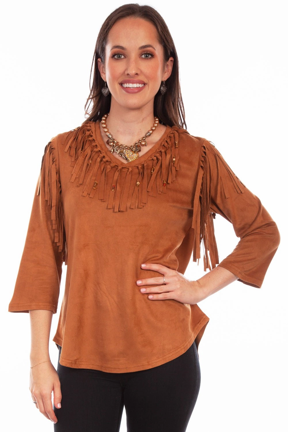 Scully Womens Pullover Fringe Brown Poly/Spandex S/S Tunic Water Repellent Finish