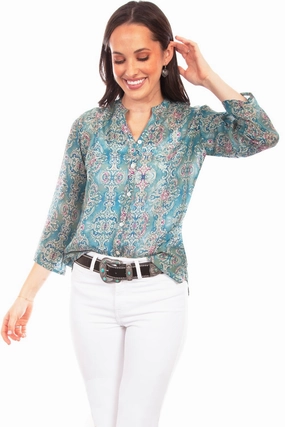 Functional Pocket Scully Womens Turquoise Rayon Classic Print S/S Blouse
