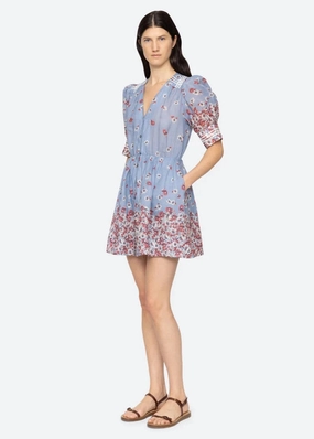 SEA NY Whitney Print Puff Sleeve Dress Chill Moment Button Chic