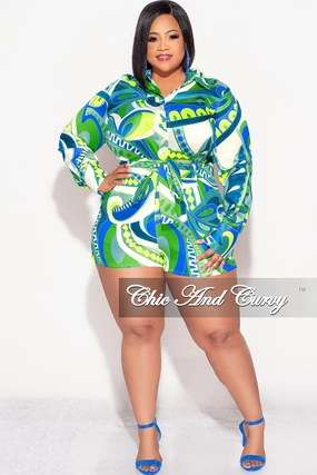 Final Sale Plus Size 2pc Satin Collar Button Up Shirt and Shorts Set in Green & Blue Multi-Color Active Flex Soft Finish