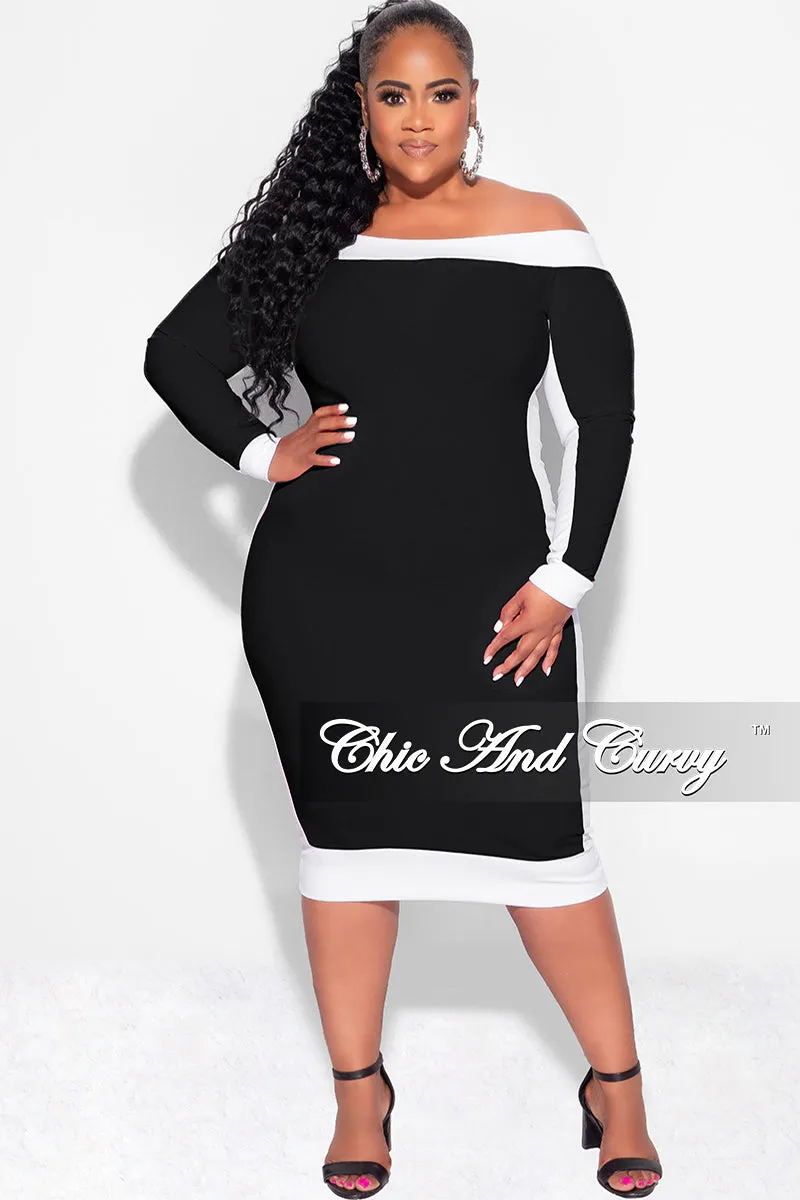 Final Sale Plus Size Off the Shoulder BodyCon Dress in Black with White Trim Comfortable Fit Look