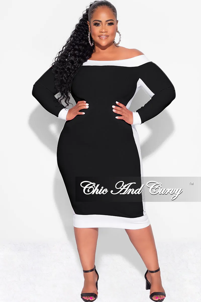 Comfort Wear Final Sale Plus Size Off the Shoulder BodyCon Dress in Black with White Trim