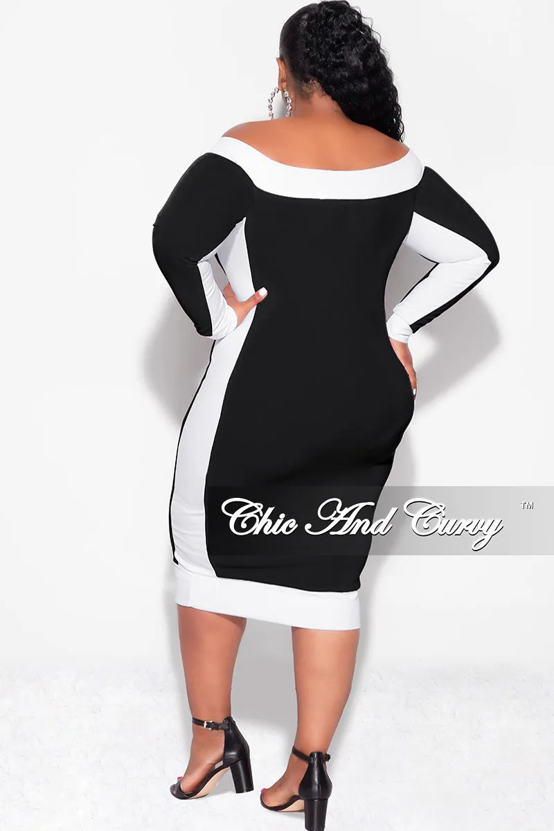 Light Reflective Details Final Sale Plus Size Off the Shoulder BodyCon Dress in Black with White Trim