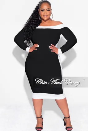 Comfort Wear Final Sale Plus Size Off the Shoulder BodyCon Dress in Black with White Trim