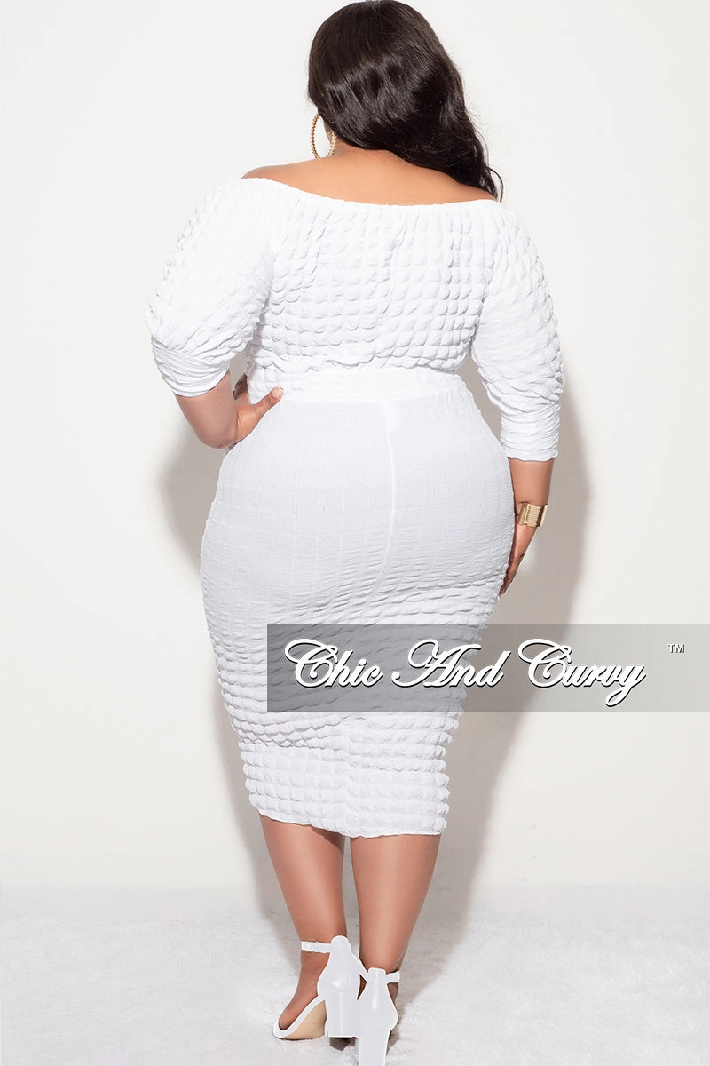 Active Utility Final Sale Plus Size Bubble Texture 2pc Set Off the Shoulder Crop Top and High Waist Skirt in White