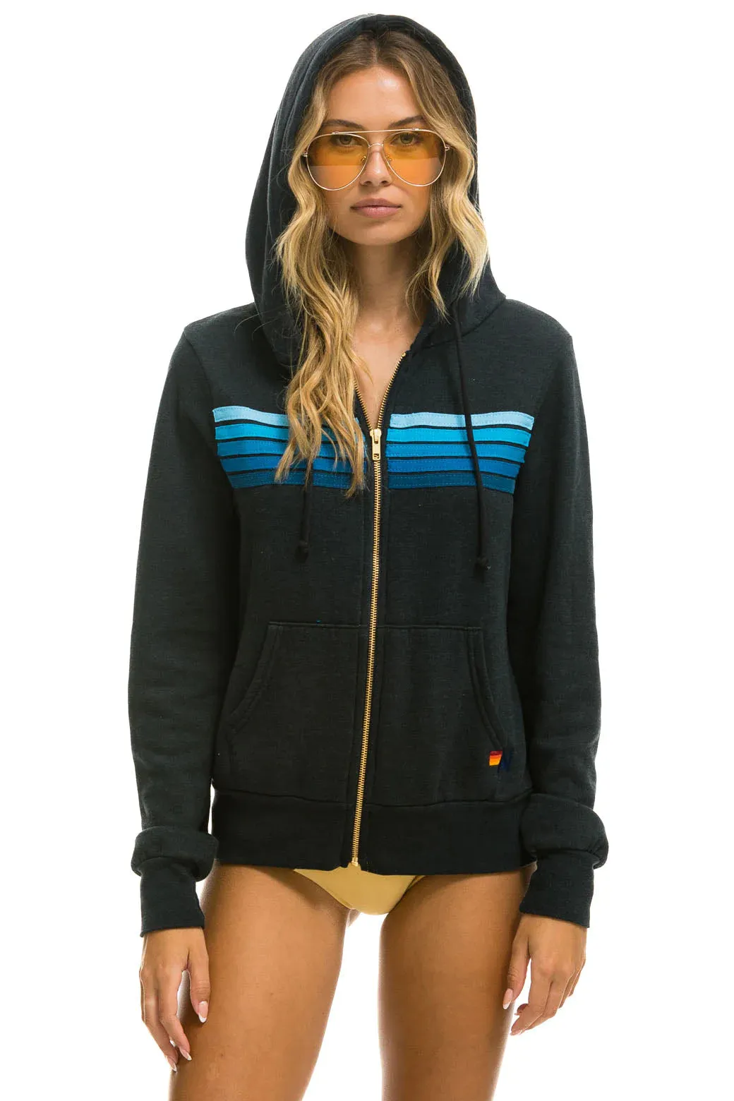 Aviator Nation 5 Stripe Zip Hoodie - Charcoal Blue ReinforcedHems