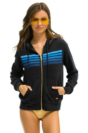 Aviator Nation 5 Stripe Zip Hoodie - Charcoal Blue Activewear Top Comfort Cushion Neckline