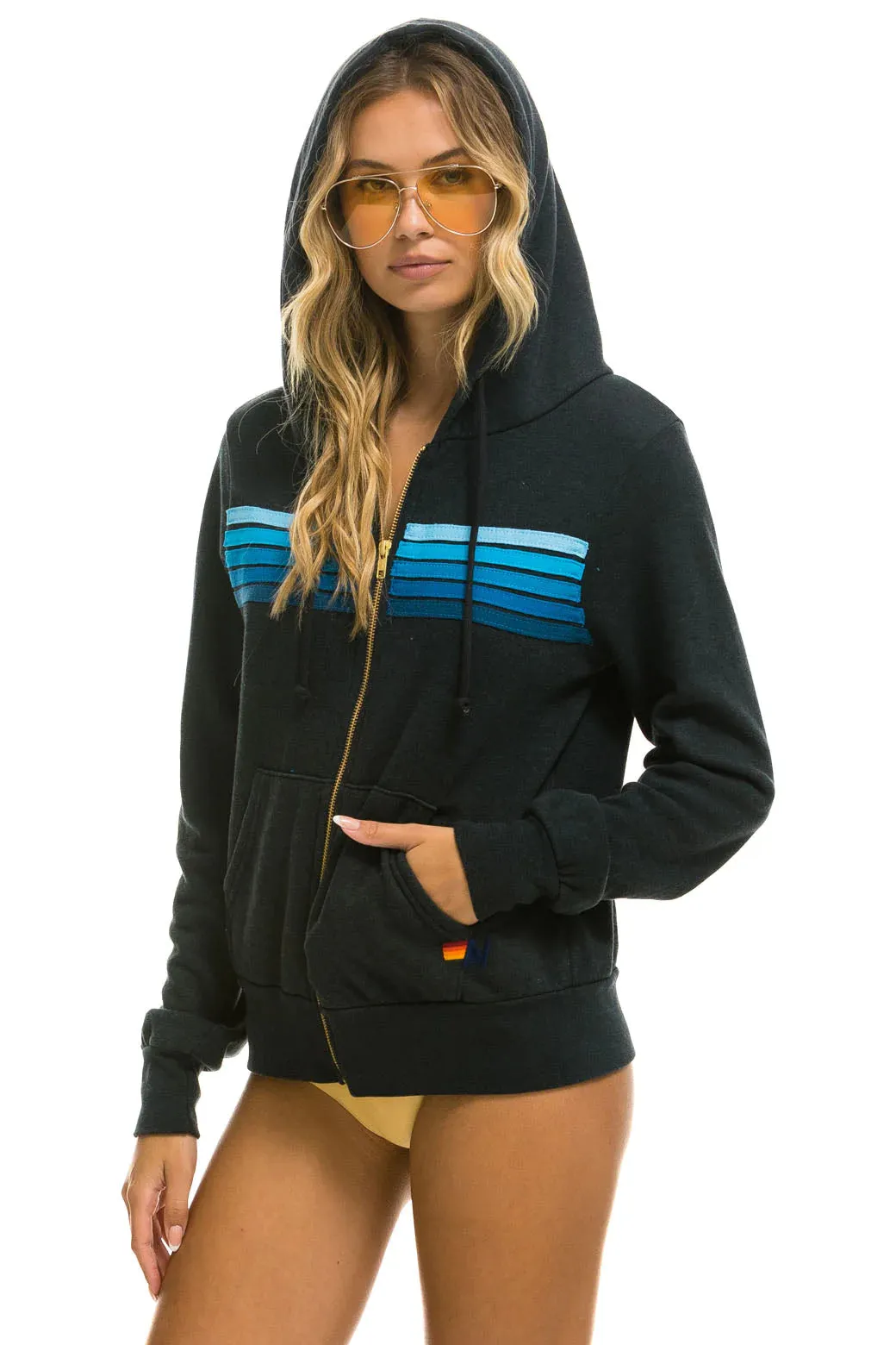 Aviator Nation 5 Stripe Zip Hoodie - Charcoal Blue Raglan Sleeve NoSlip Grip
