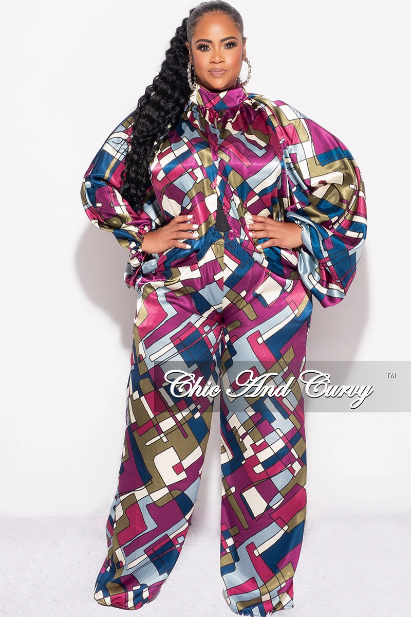 Final Sale Plus Size 2pc Stain Balloon Sleeve Crop Top and Palazzo Pants Set Multi Color Print Lightweight Layer
