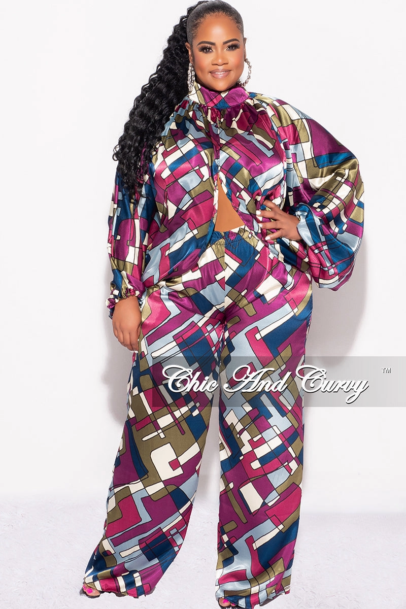 Final Sale Plus Size 2pc Stain Balloon Sleeve Crop Top and Palazzo Pants Set Multi Color Print Comfort Wear Fit Modern Design