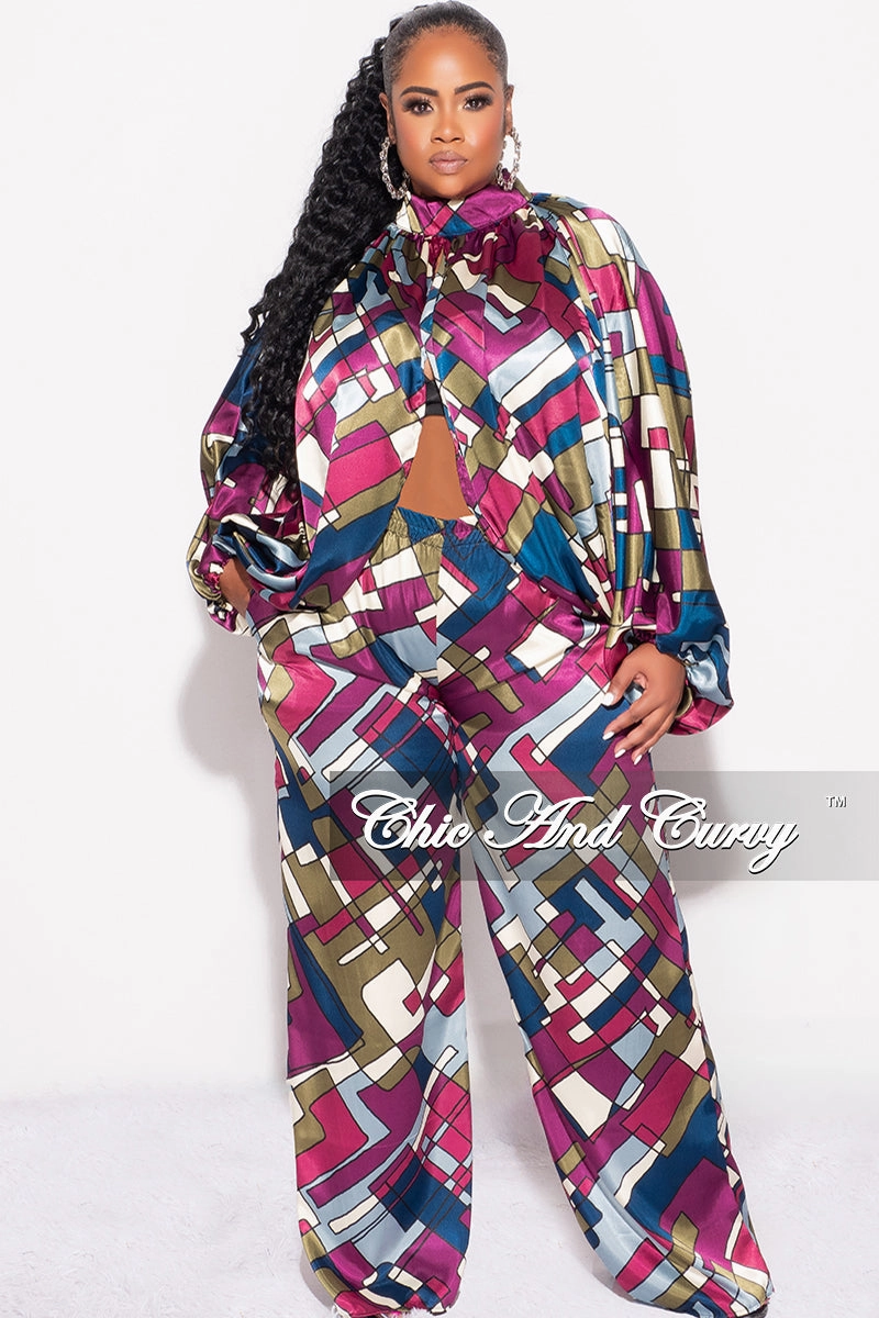 Final Sale Plus Size 2pc Stain Balloon Sleeve Crop Top and Palazzo Pants Set Multi Color Print anti slip grip