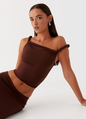 Solace Soul Twist Shoulder Top - Chocolate Quiet Style Built In Shorts