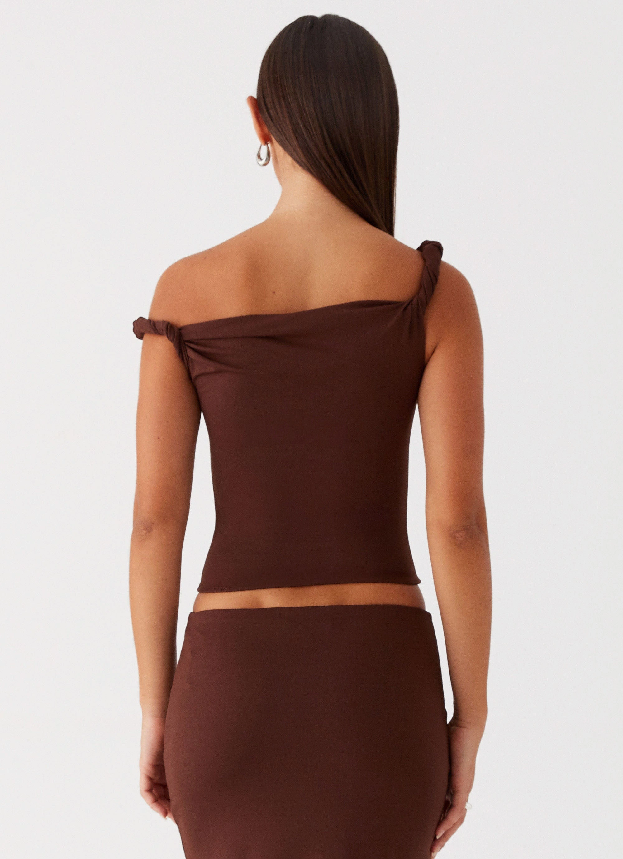 Solace Soul Twist Shoulder Top - Chocolate Fall Favorite Elegant Look