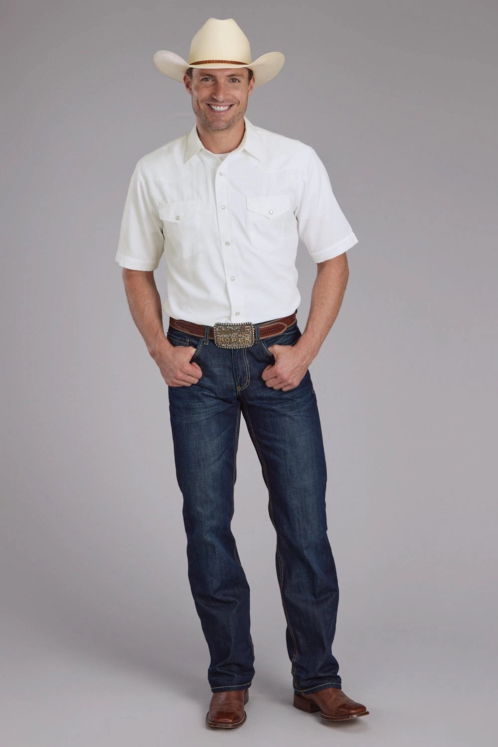 Trend-Driven Versatile Layering Roper Mens 2401A Tone on Tone White Poly/Cotton S/S Shirt