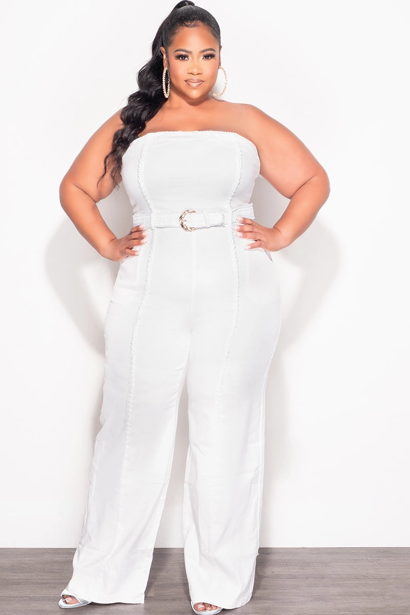 Final Sale Plus Size Strapless Floral Applique Jumpsuit in White Denim Cozy Feel