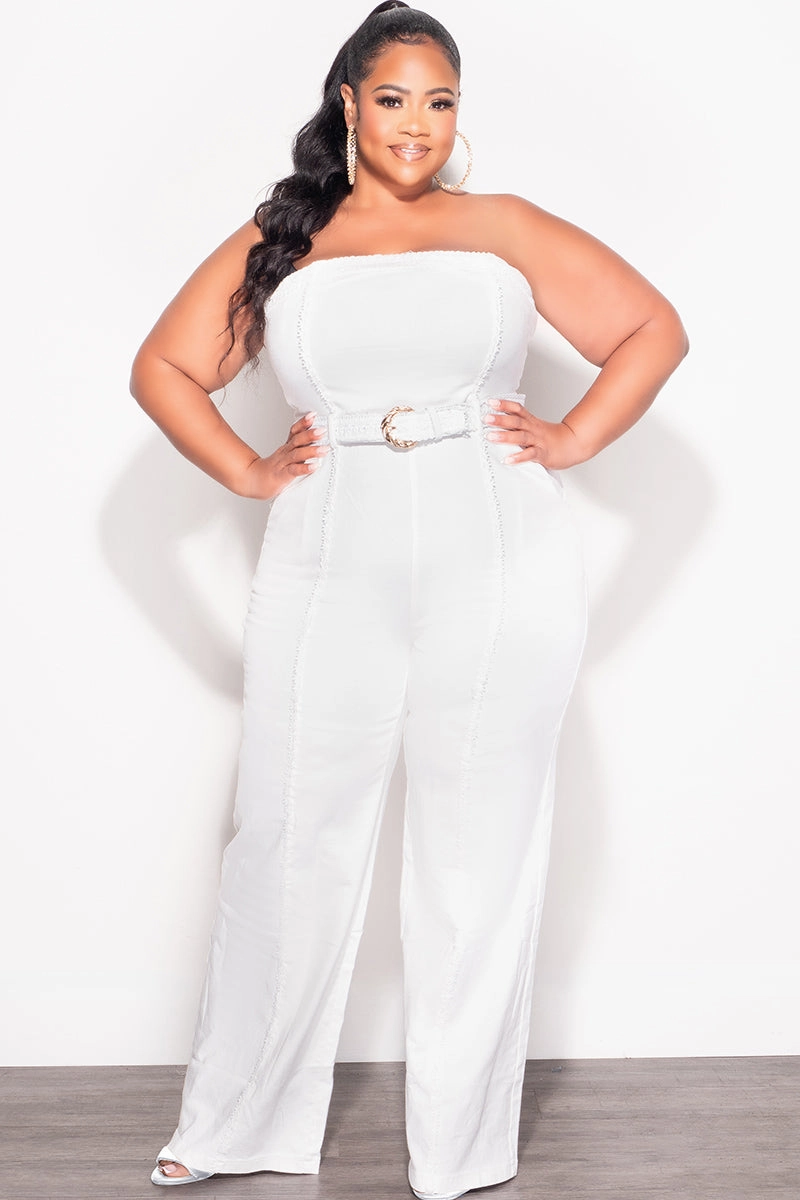 Comfort Flex Final Sale Plus Size Strapless Floral Applique Jumpsuit in White Denim