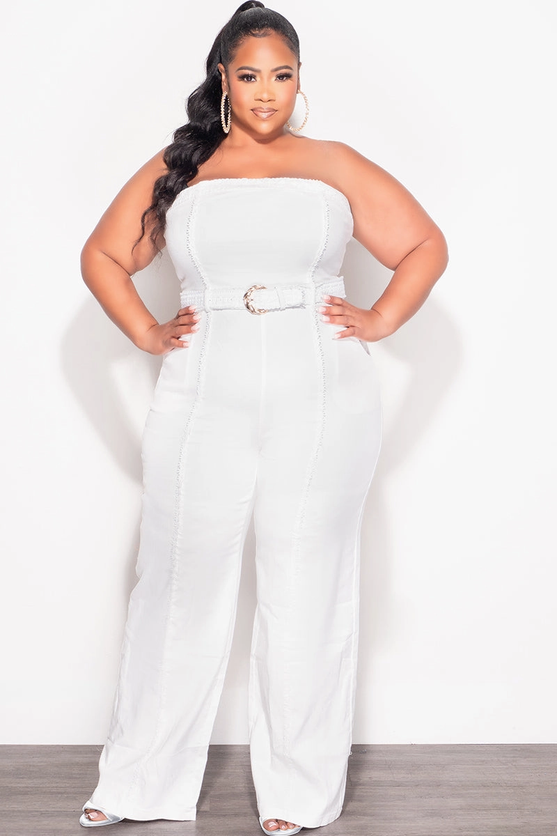 Final Sale Plus Size Strapless Floral Applique Jumpsuit in White Denim Stretchable Fabric