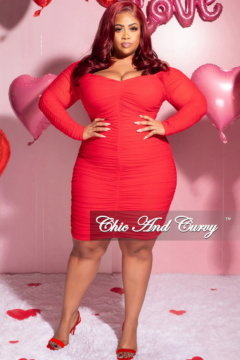 Final Sale Plus Size Ruched Off The Shoulder Mini Dress in Red FlatlockStitching
