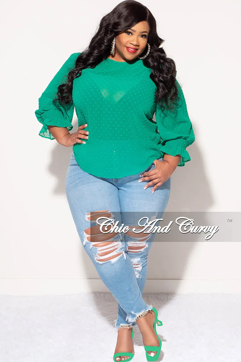 Final Sale Plus Size Chiffon Sheer Top with Dot Embossing in Green AdjustableTabs Non Restrictive Cut