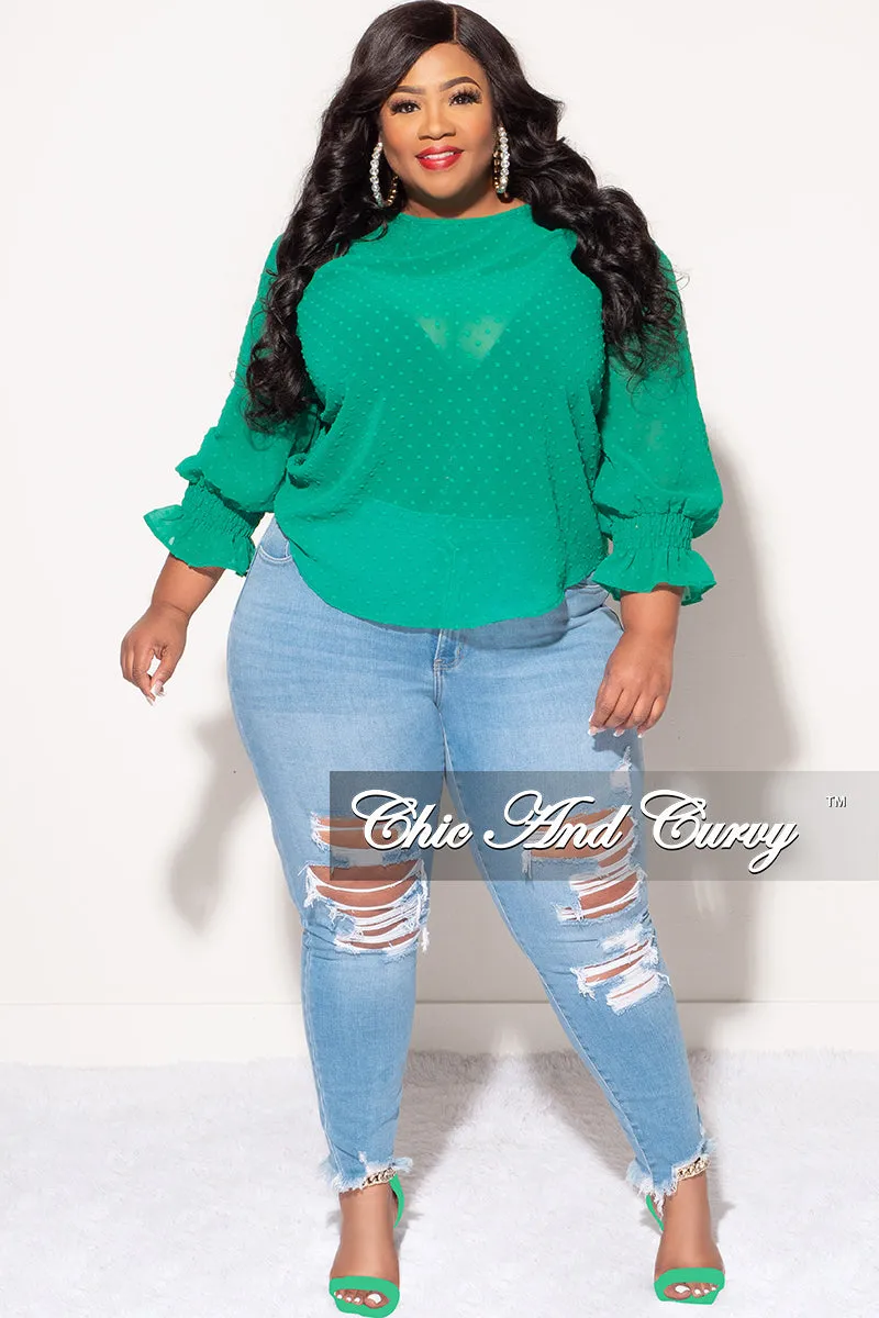 Final Sale Plus Size Chiffon Sheer Top with Dot Embossing in Green Athletic Comfort Soft Design