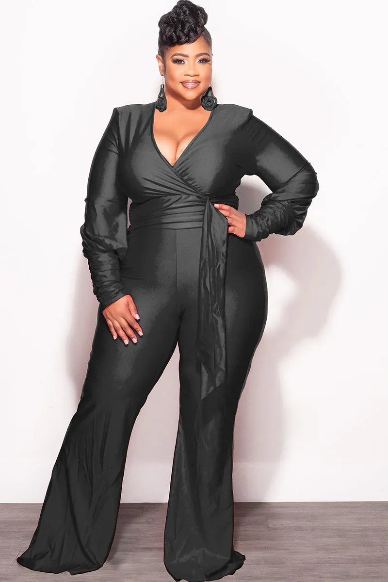 All Day Use Final Sale Plus Size Faux Wrap Ruched Sleeve Shiny Jumpsuit in Black