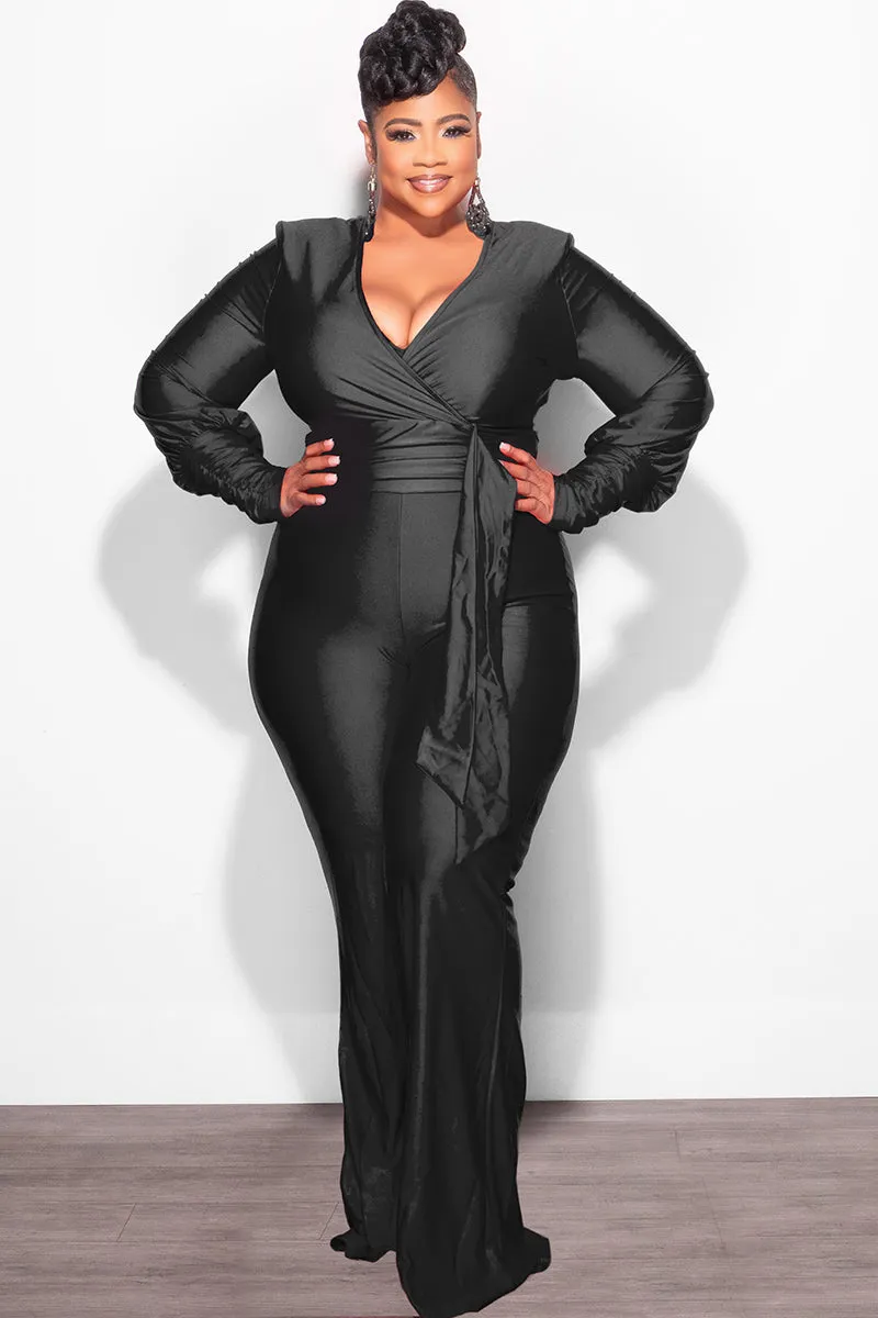 MachineWashableFabric Final Sale Plus Size Faux Wrap Ruched Sleeve Shiny Jumpsuit in Black