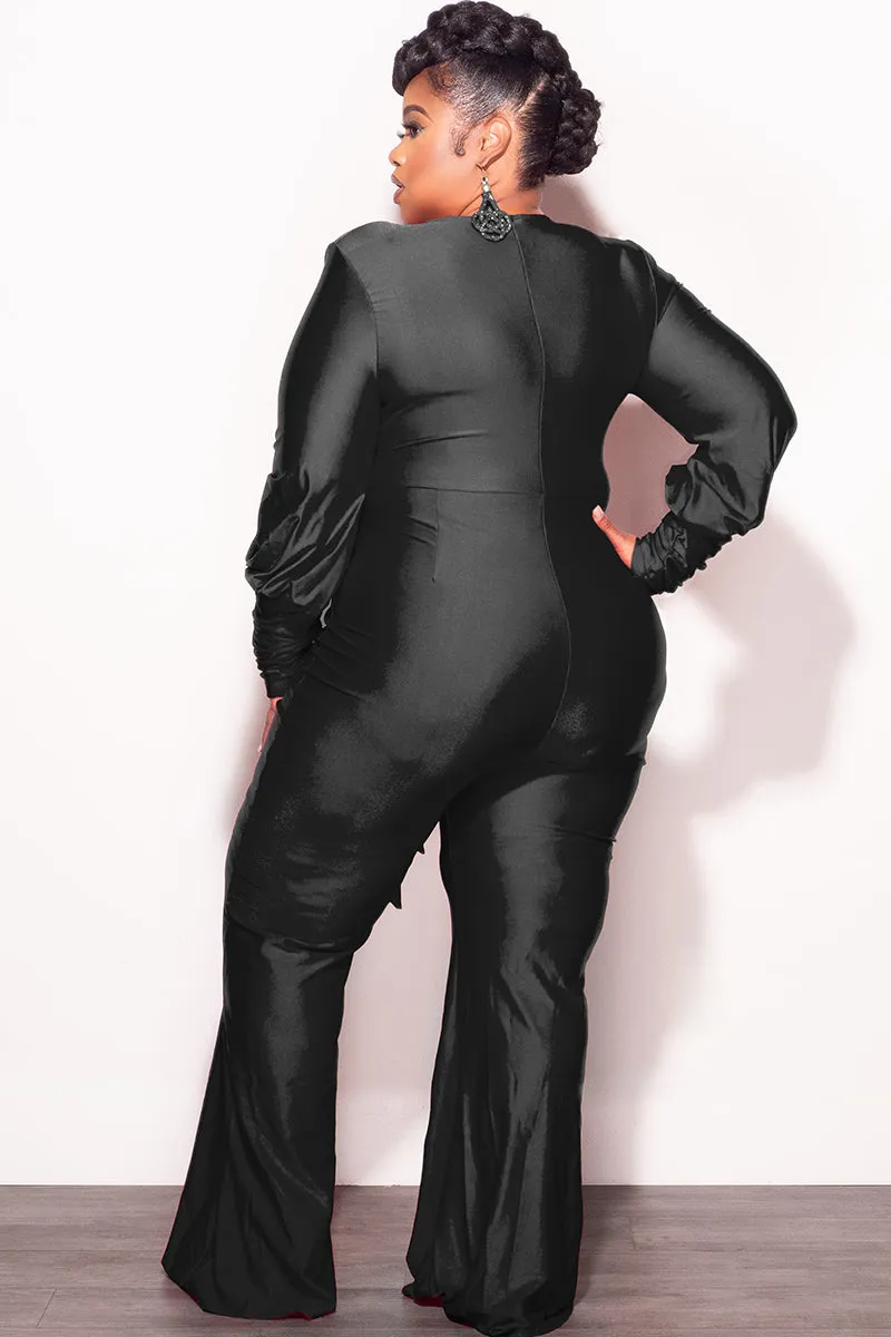 Essential Comfort Final Sale Plus Size Faux Wrap Ruched Sleeve Shiny Jumpsuit in Black