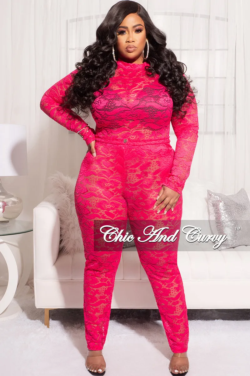Final Sale Plus Size 2pc Lace Bodysuit & Pants in Fuchsia Wide fit FlameRetardantTreatment