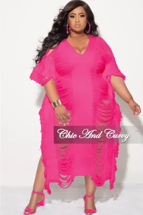 Final Sale Plus Size Distressed Sweater Midi Fringe Dress in Pink Comfy Waistband