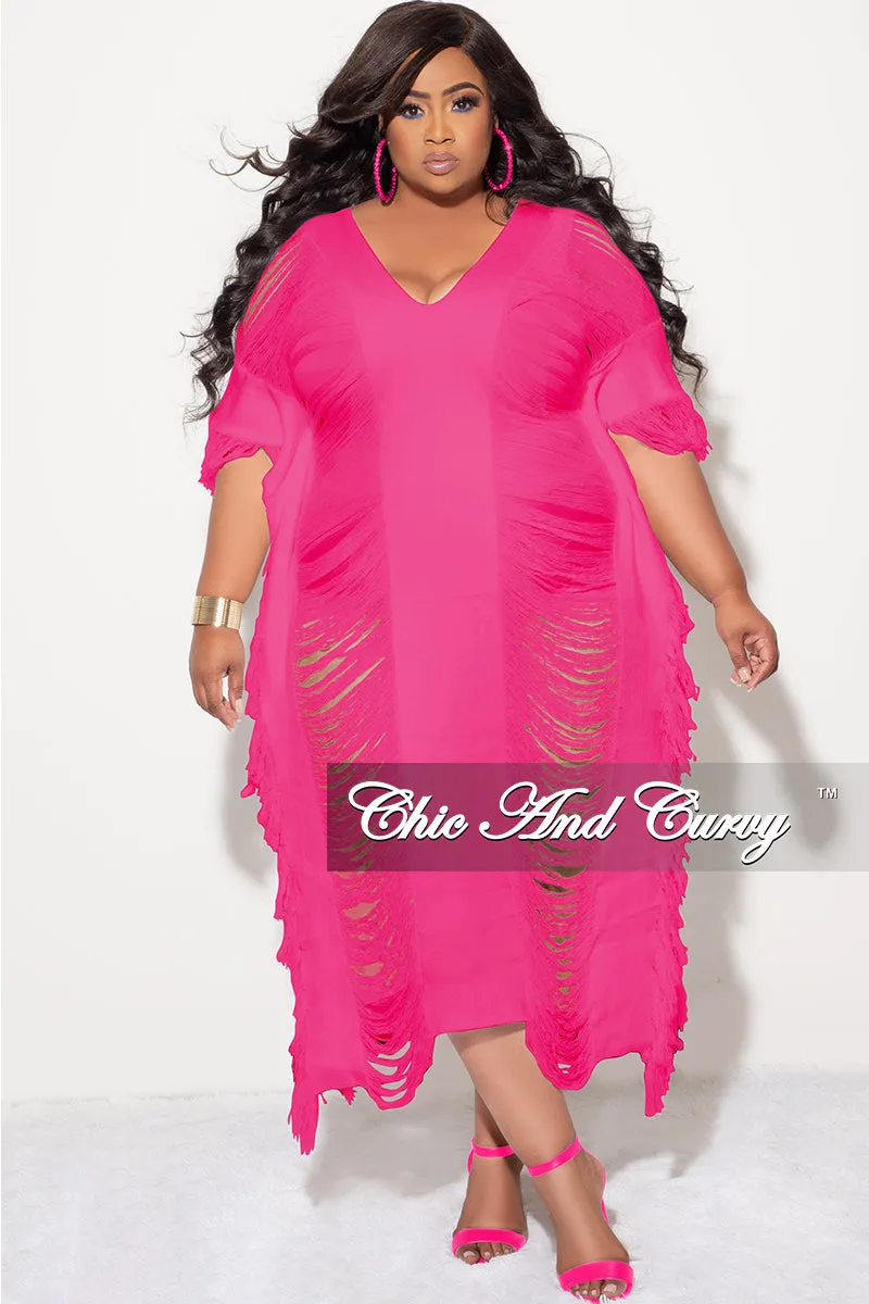 Classic Comfort Flex Fit Design Final Sale Plus Size Distressed Sweater Midi Fringe Dress in Pink