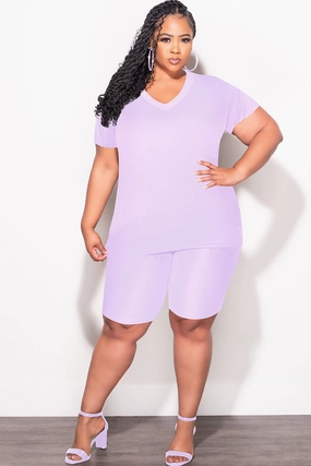 Final Sale Plus Size 2pc V Neck Biker Shorts Set in Lavender Durable Seam Construction