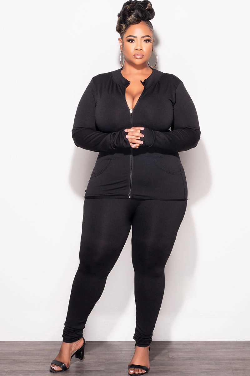 Final Sale Plus Size 2pc Zip-Up Jacket and Legging Set in Black Seamless Fabric Comfy Cut Street Utility