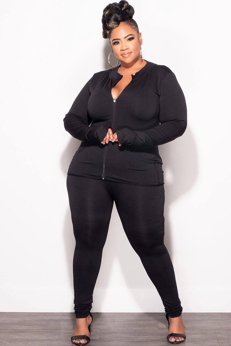 Final Sale Plus Size 2pc Zip-Up Jacket and Legging Set in Black Seamless Fabric Layering Essential