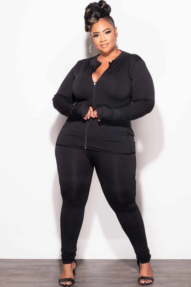 Final Sale Plus Size 2pc Zip-Up Jacket and Legging Set in Black Seamless Fabric Comfort Layer Flex Wear