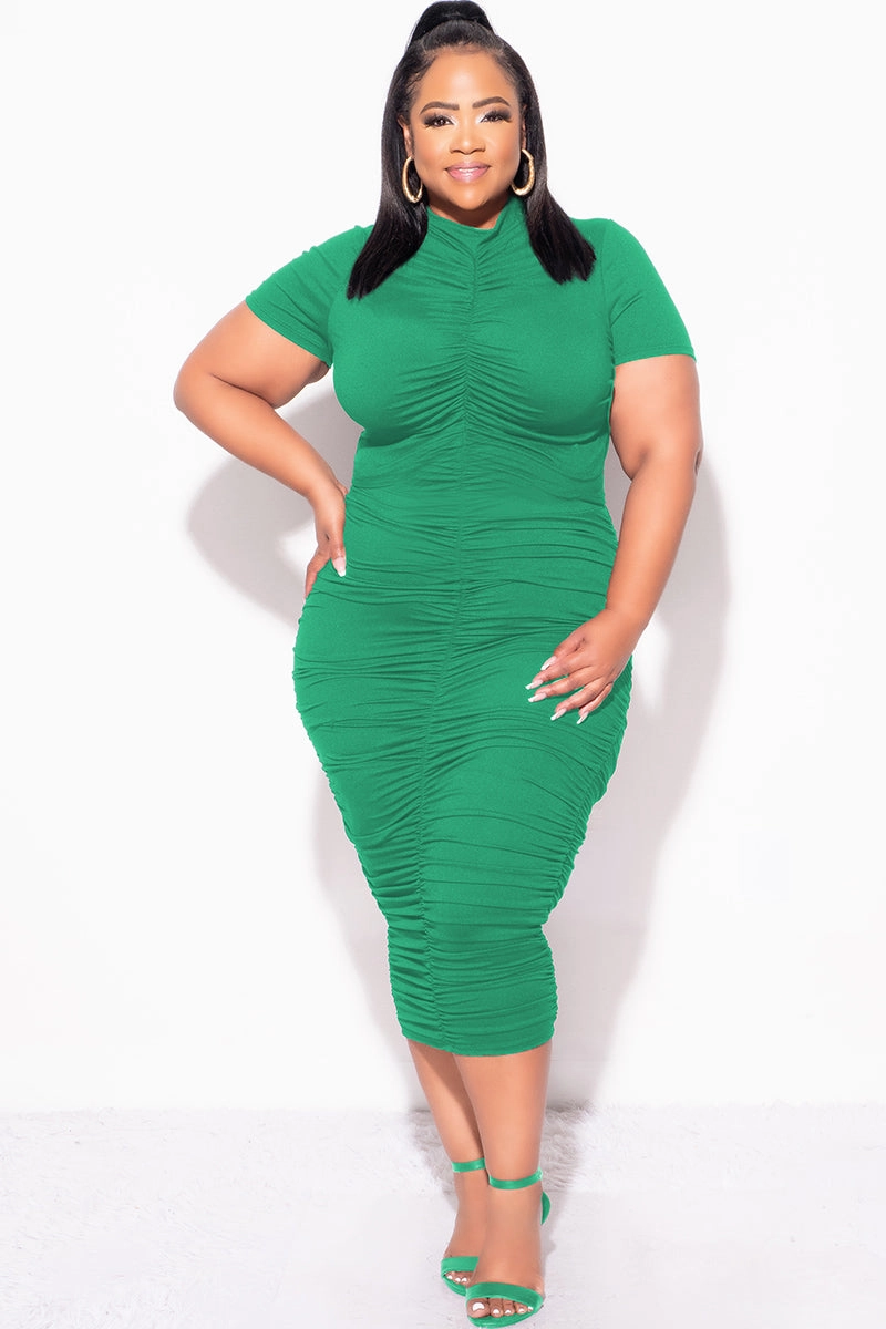 Non slip grip All Day Use Final Sale Plus Size 2pc Set Ruched Crop Top & Skirt in Green