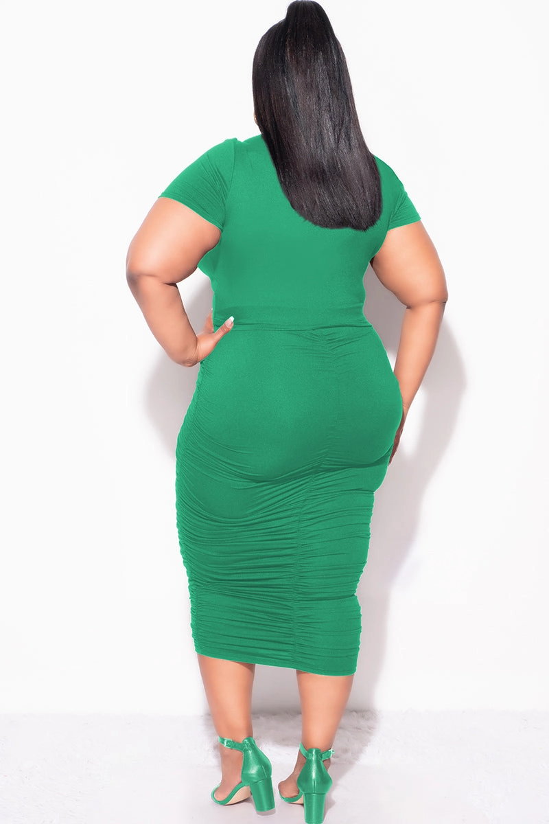 Final Sale Plus Size 2pc Set Ruched Crop Top & Skirt in Green WindResistantMaterial