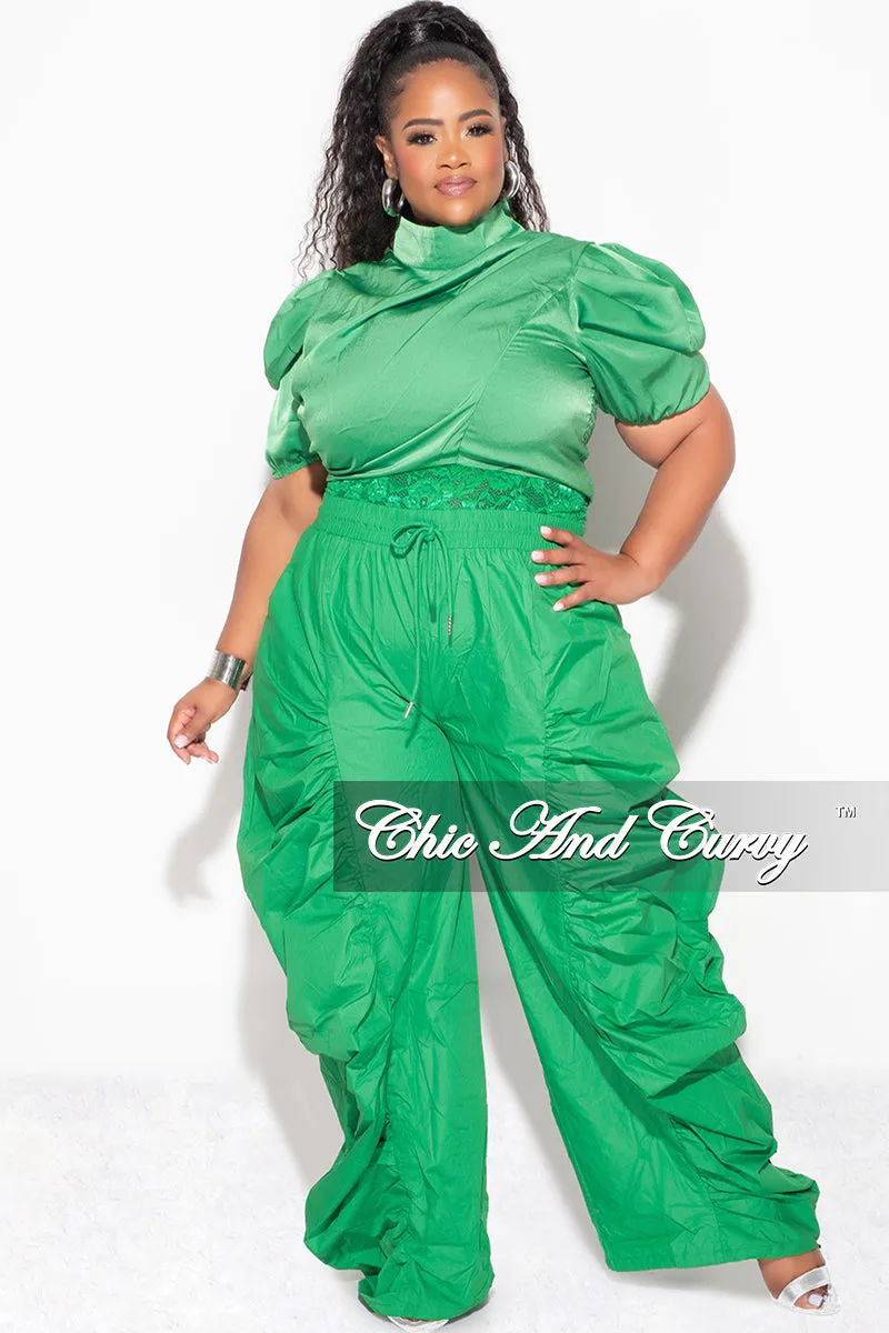 Soft Stretch Final Sale Plus 3pc (Ruffle Top, Lace Spaghetti Strap Top and Drawstring Pants) Set in Green