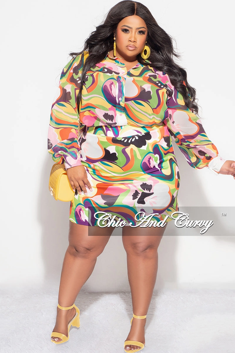 Stay Flexible Anti Pilling Textile Final Sale Plus Size 2pc Chiffon Collar Button Up Top and Skirt Set in Multi Color Print